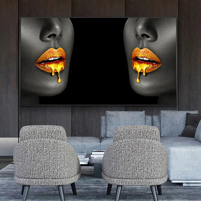 Modern blue and gold black women lips oil painting living room decor