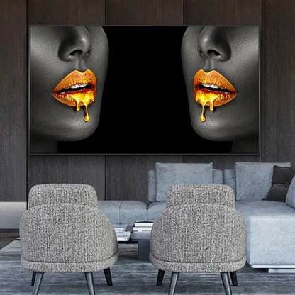 Modern blue and gold black women lips oil painting living room decor