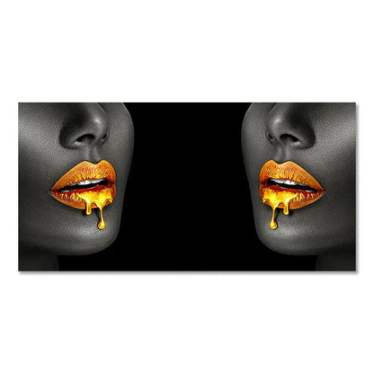 Modern blue and gold black women lips oil painting living room decor