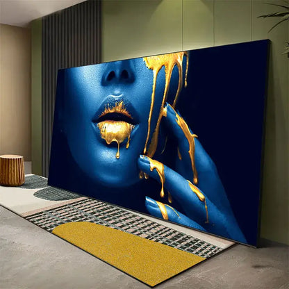 Modern blue and gold black women lips oil painting living room decor