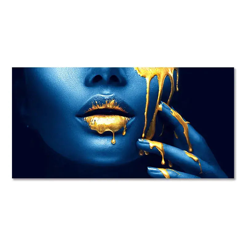 Modern blue and gold black women lips oil painting living room decor