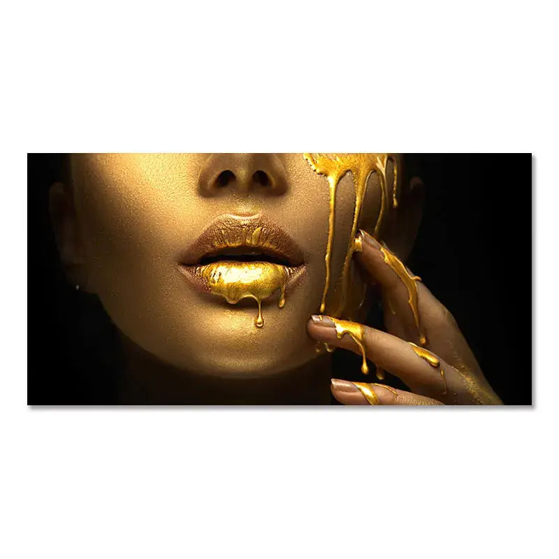 Modern blue and gold black women lips oil painting living room decor