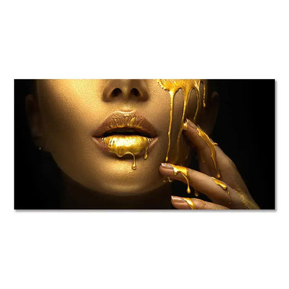 Modern blue and gold black women lips oil painting living room decor