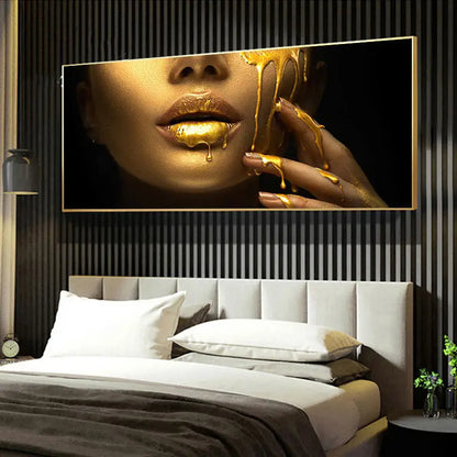 Modern blue and gold black women lips oil painting living room decor