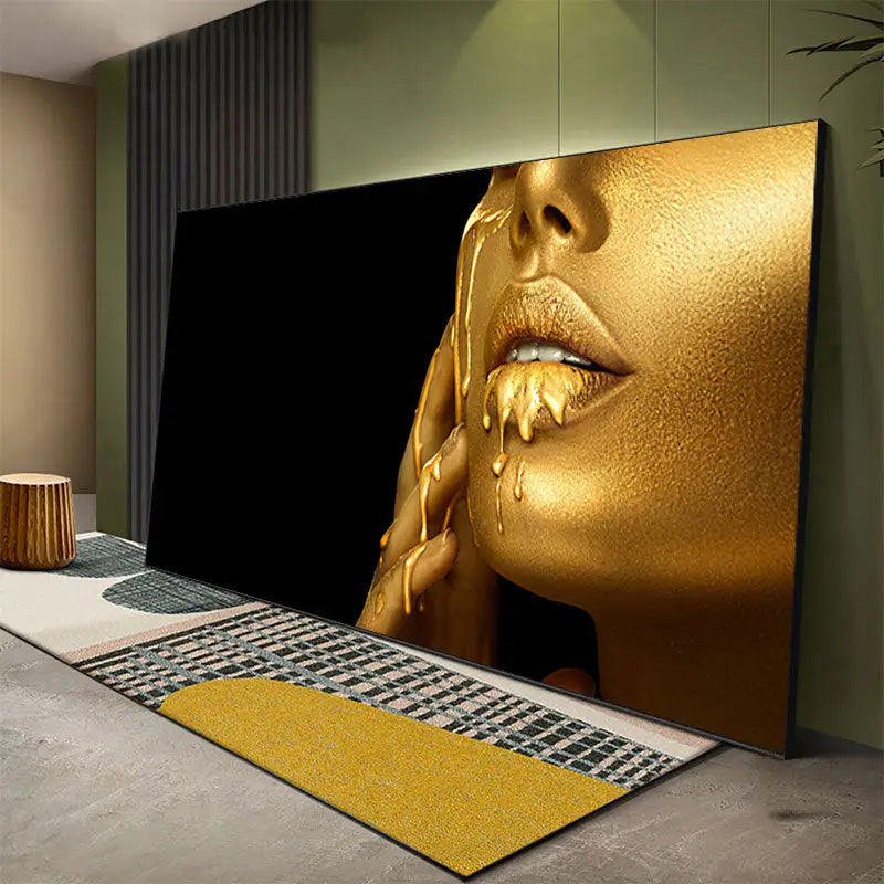 Modern blue and gold black women lips oil painting living room decor