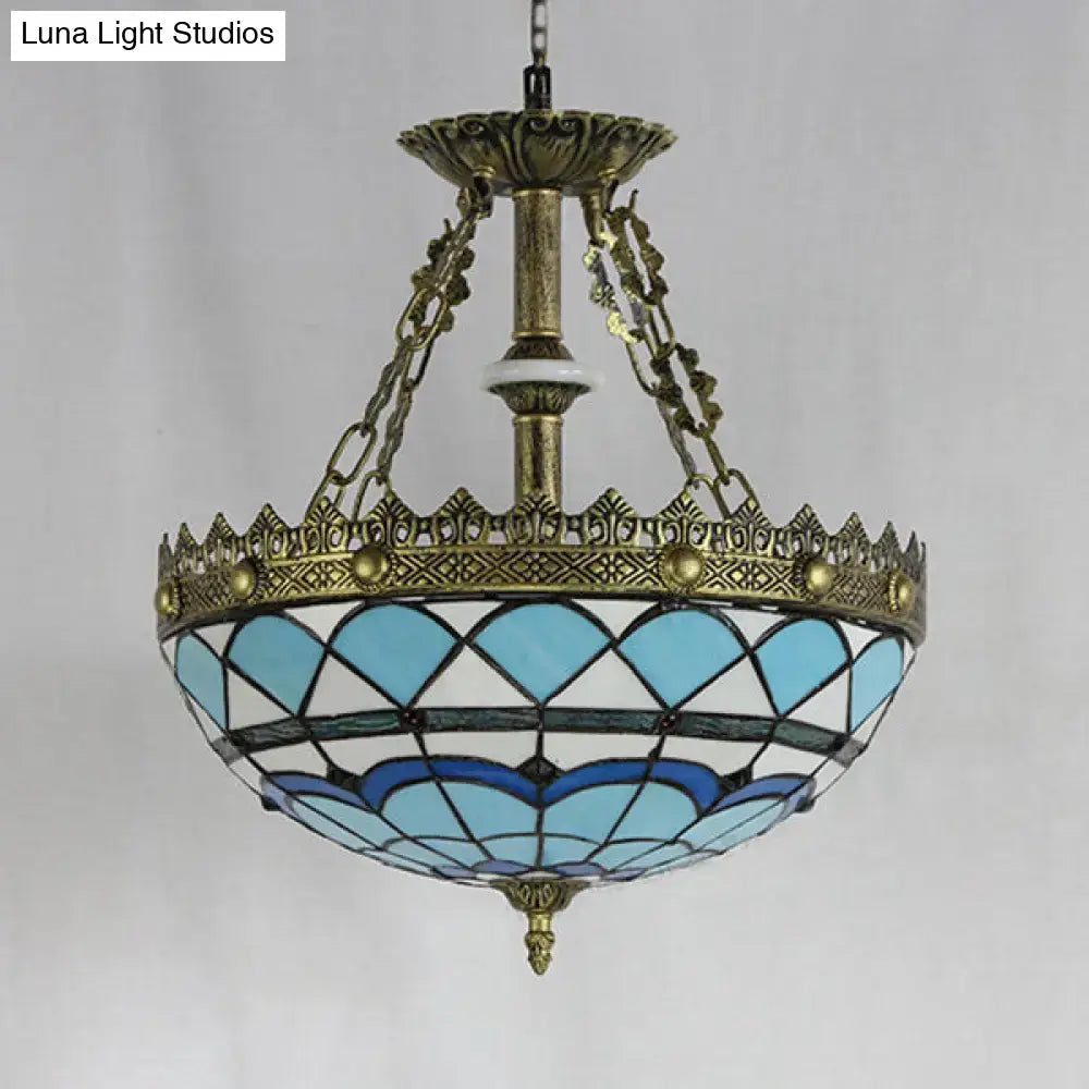 Antique brass blue & white stained glass baroque bowl pendant light library