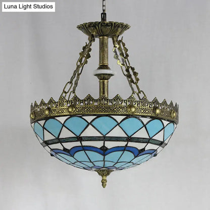 Antique brass blue & white stained glass baroque bowl pendant light library
