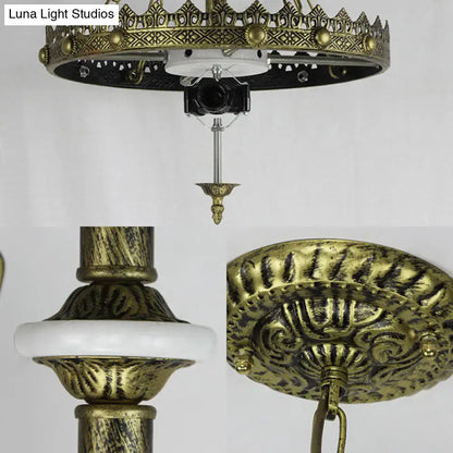 Antique brass blue & white stained glass baroque bowl pendant light library