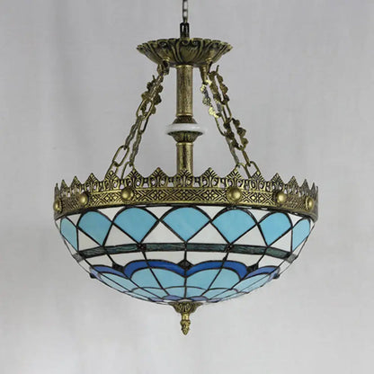 Antique brass blue & white stained glass baroque bowl pendant light library