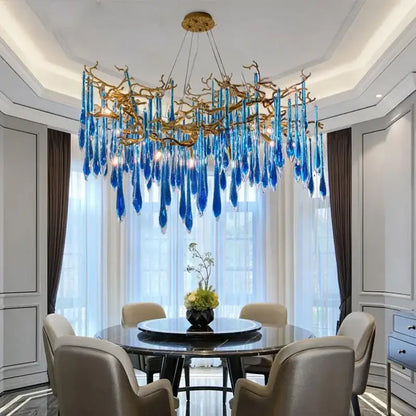 blue crystal chandelier gold branching dining room light