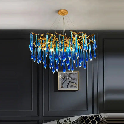 blue crystal chandelier gold branching dining room light