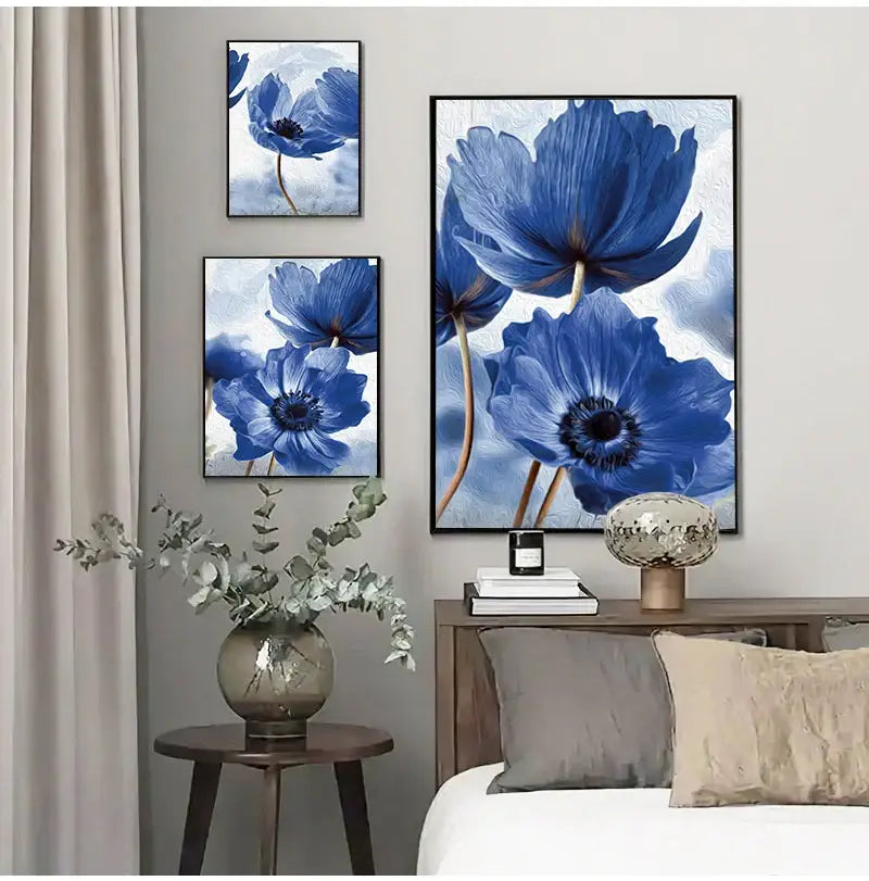 Beautiful blue floral framed wall art set for living room decor