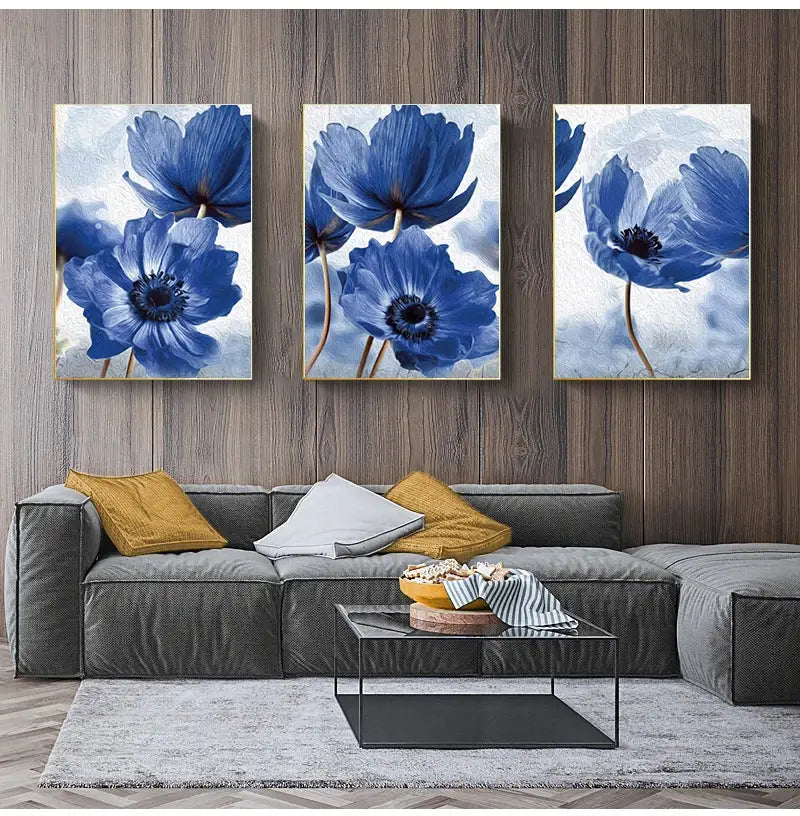 Beautiful blue floral framed wall art set for living room decor