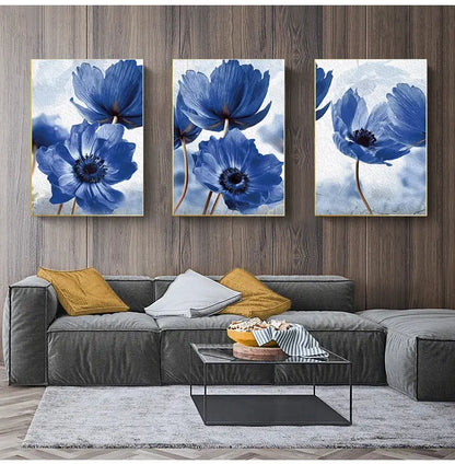Beautiful blue floral framed wall art set for living room decor