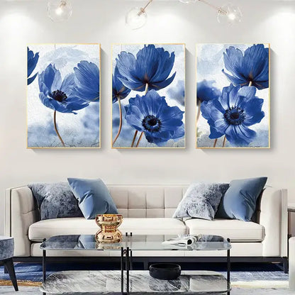 Beautiful blue floral framed wall art set for living room decor