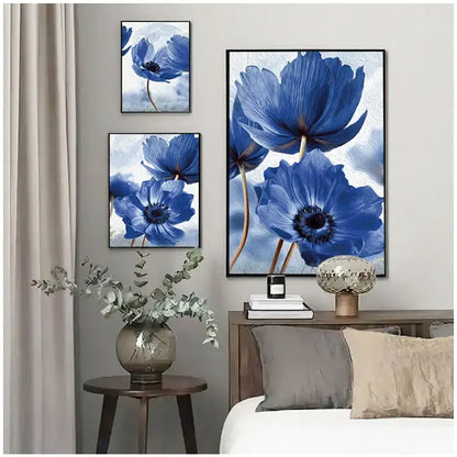 Beautiful blue floral framed wall art set for living room decor