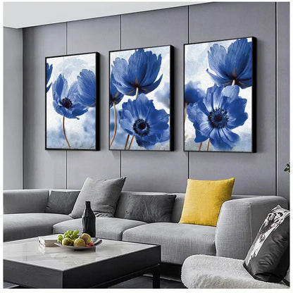 Beautiful blue floral framed wall art set for living room decor