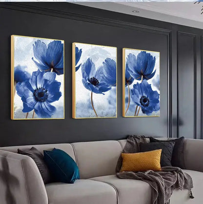 Beautiful blue floral framed wall art set for living room decor