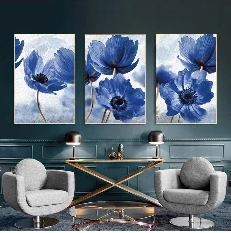Beautiful blue floral framed wall art set for living room decor
