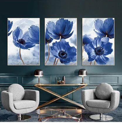 Beautiful blue floral framed wall art set for living room decor
