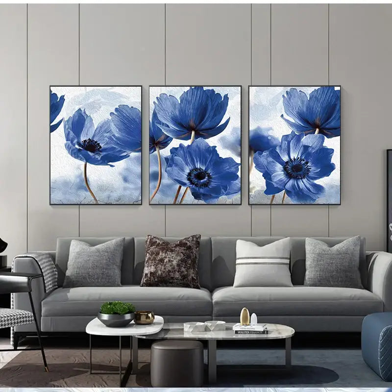 Beautiful blue floral framed wall art set for living room decor