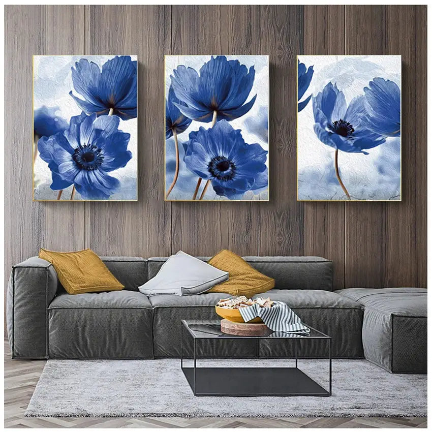Beautiful blue floral framed wall art set for living room decor