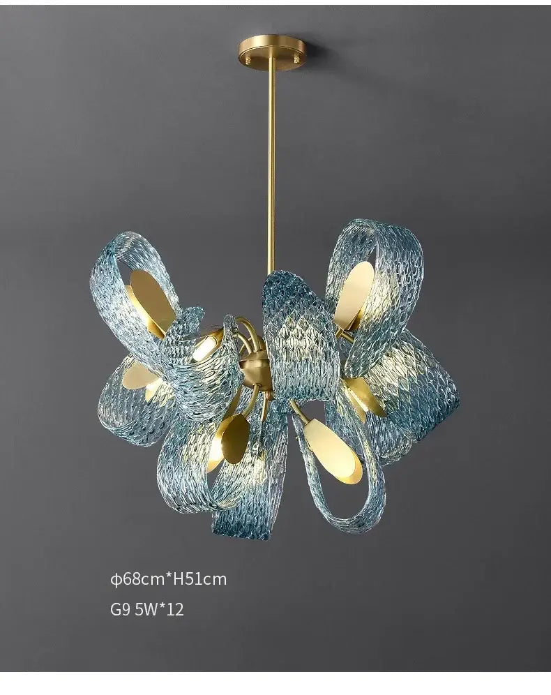 Modern blue glass led pendant lamps dining room gold petal chandelier