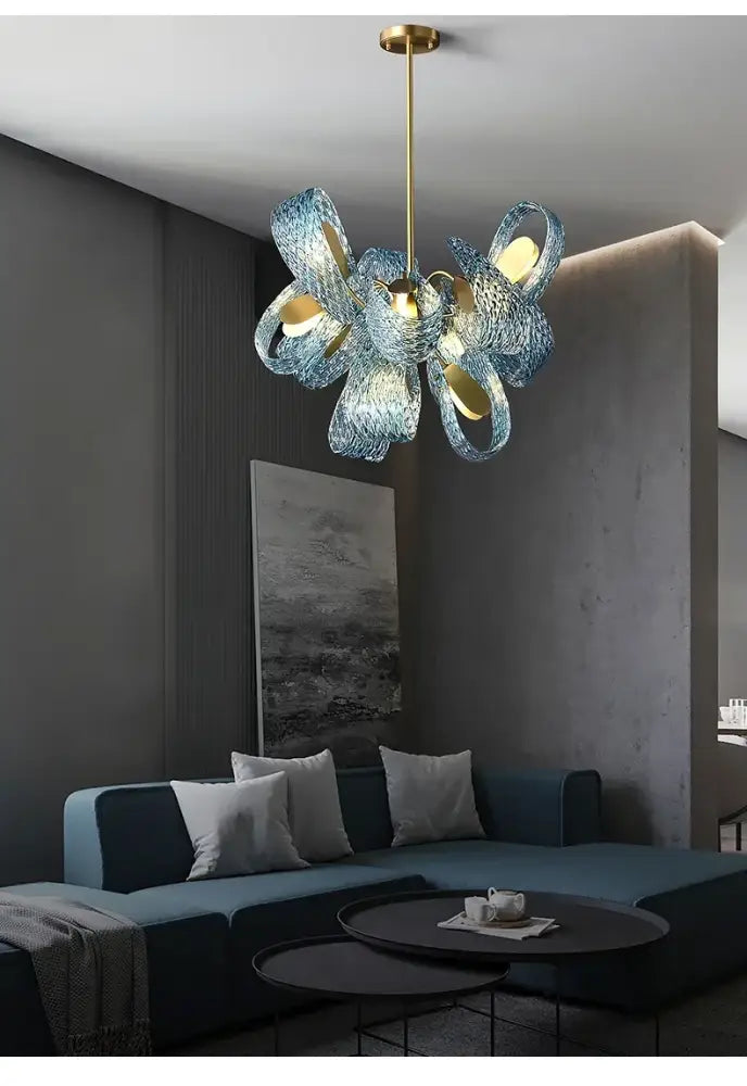 Modern blue glass led pendant lamps dining room gold petal chandelier