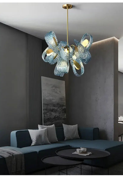 Modern blue glass led pendant lamps dining room gold petal chandelier