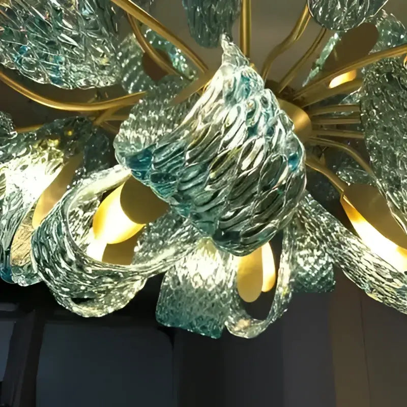Modern blue glass led pendant lamps dining room gold petal chandelier