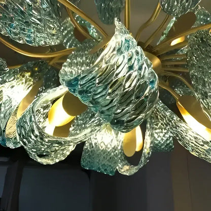 Modern blue glass led pendant lamps dining room gold petal chandelier