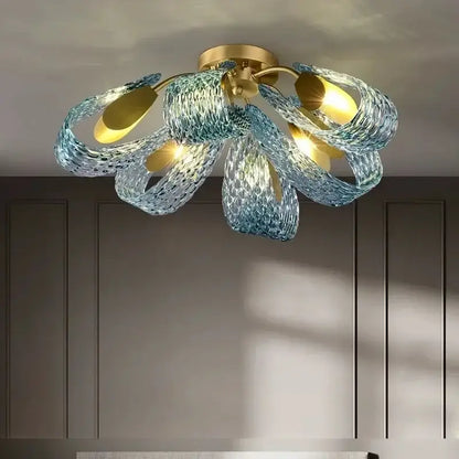 Modern blue glass led pendant lamps dining room gold petal chandelier