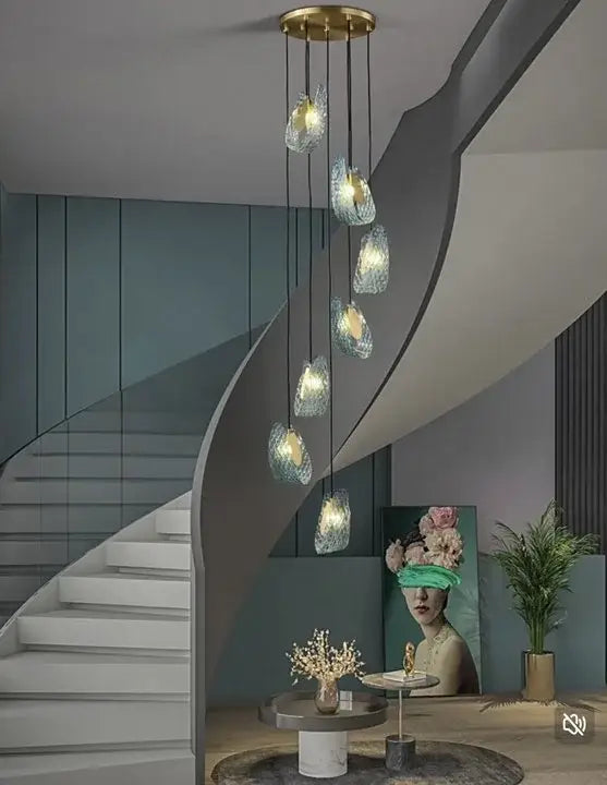 Modern blue glass led pendant lamps dining room gold petal chandelier