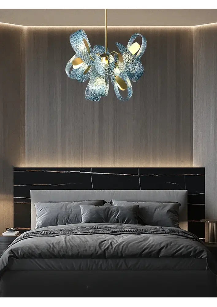 Modern blue glass led pendant lamps dining room gold petal chandelier