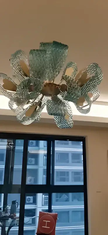 Modern blue glass led pendant lamps dining room gold petal chandelier