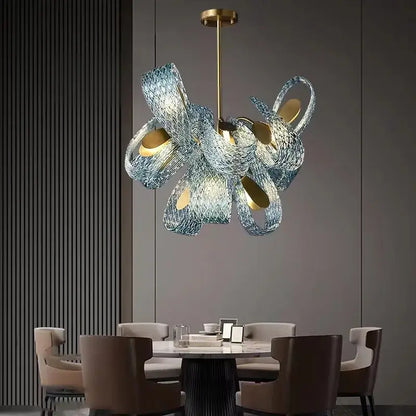 Modern blue glass led pendant lamps dining room gold petal chandelier