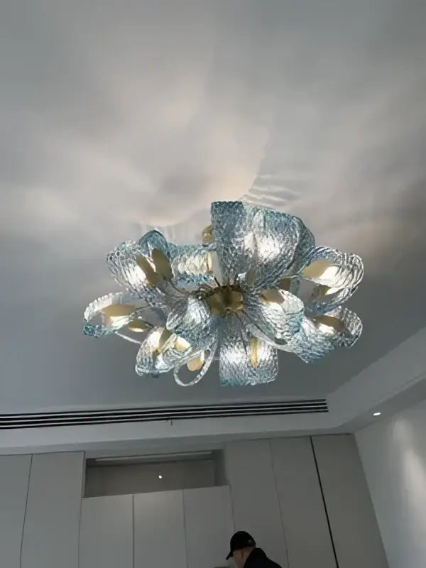 Modern blue glass led pendant lamps dining room gold petal chandelier