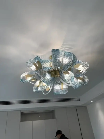 Modern blue glass led pendant lamps dining room gold petal chandelier