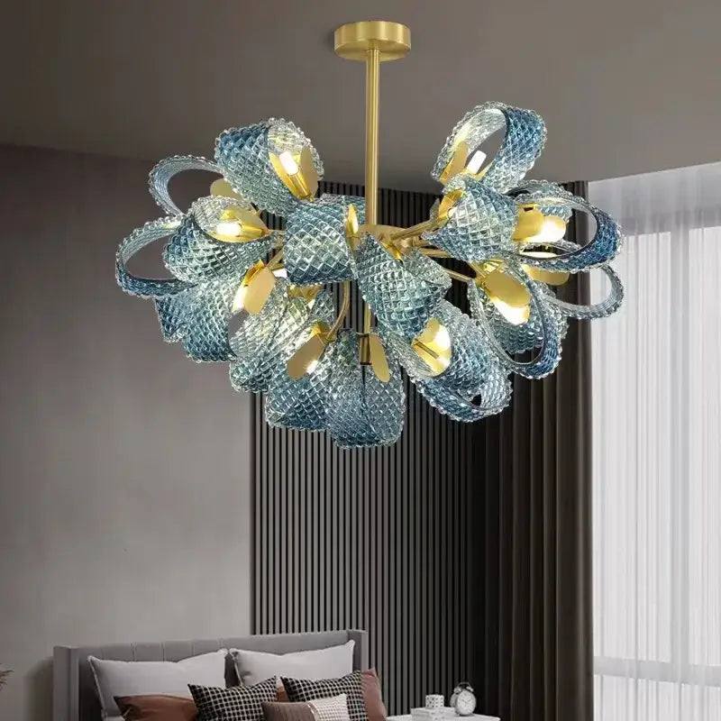 Modern blue glass led pendant lamps dining room gold petal chandelier