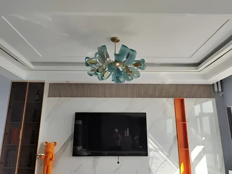 Modern blue glass led pendant lamps dining room gold petal chandelier