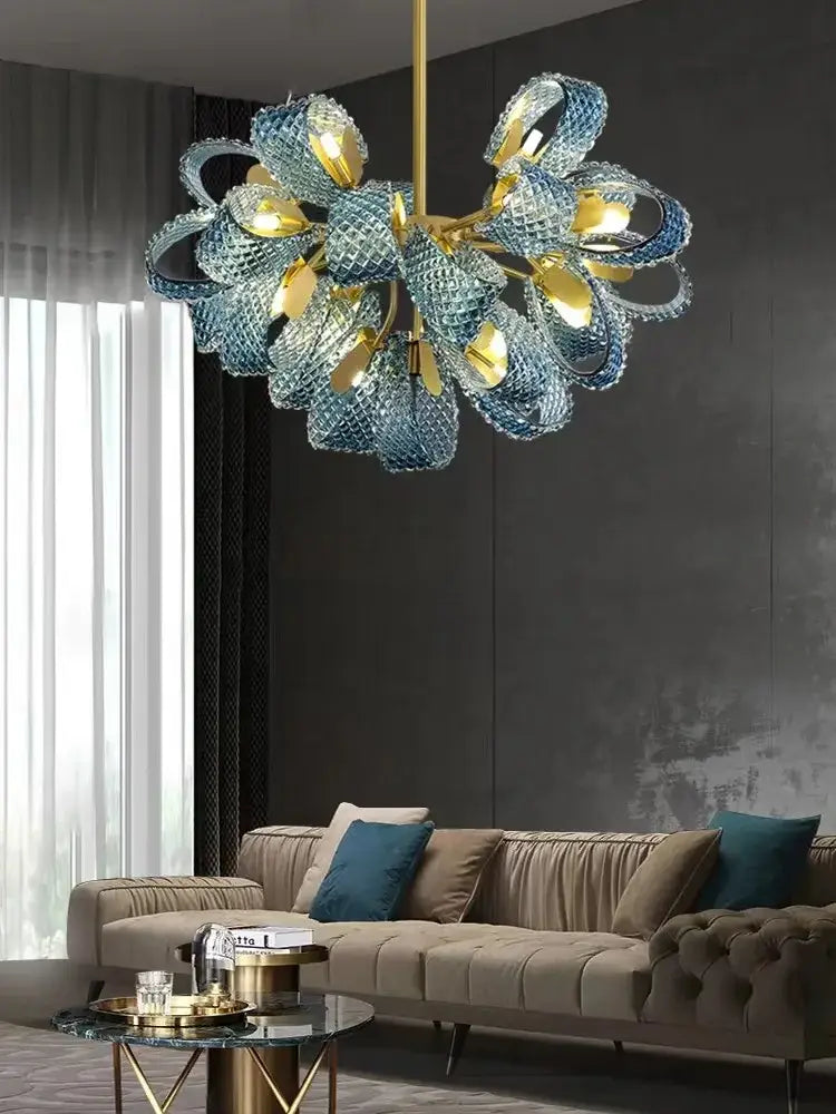 Modern blue glass led pendant lamps dining room gold petal chandelier