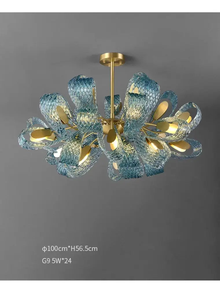 Modern blue glass led pendant lamps dining room gold petal chandelier
