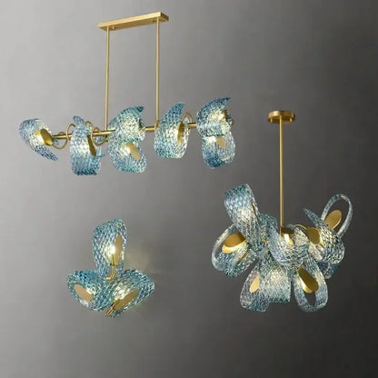 Modern blue glass led pendant lamps dining room gold petal chandelier