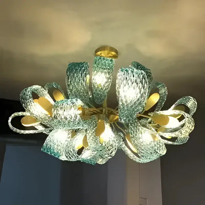 Modern blue glass led pendant lamps dining room gold petal chandelier