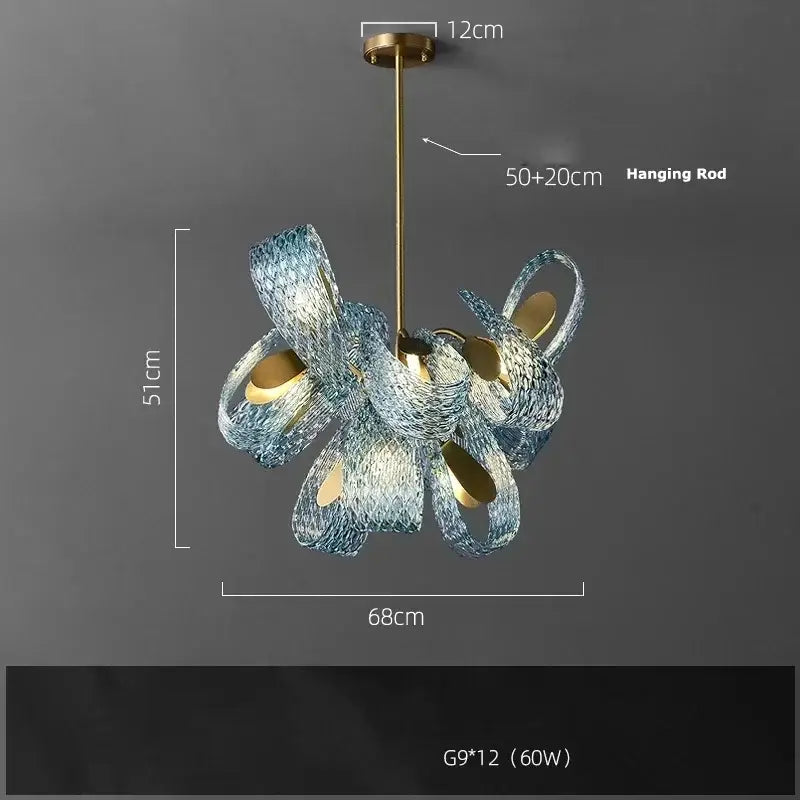 Modern blue glass led pendant lamps dining room gold petal chandelier