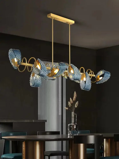 Modern blue glass led pendant lamps dining room gold petal chandelier