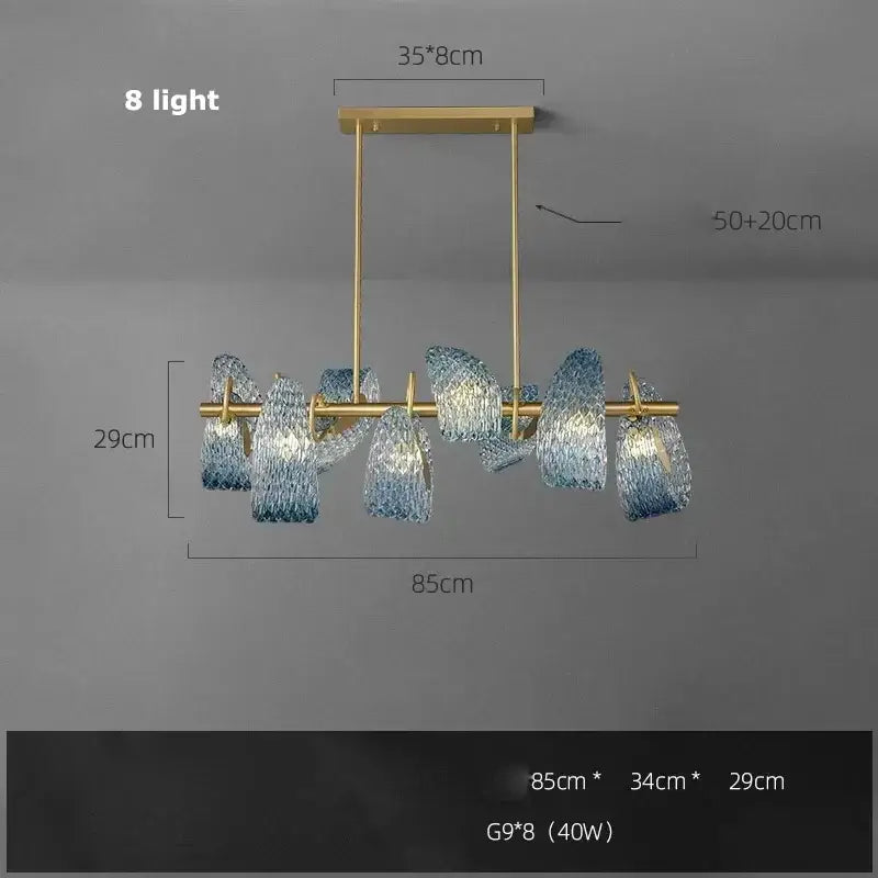 Modern blue glass led pendant lamps dining room gold petal chandelier