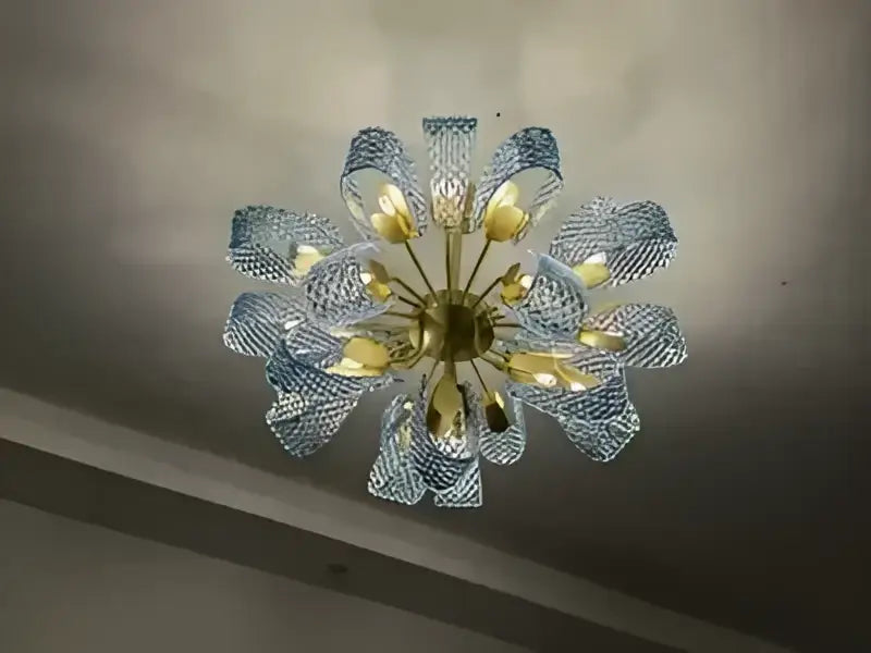 Modern blue glass led pendant lamps dining room gold petal chandelier