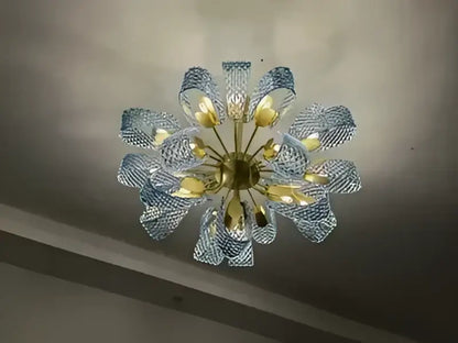 Modern blue glass led pendant lamps dining room gold petal chandelier