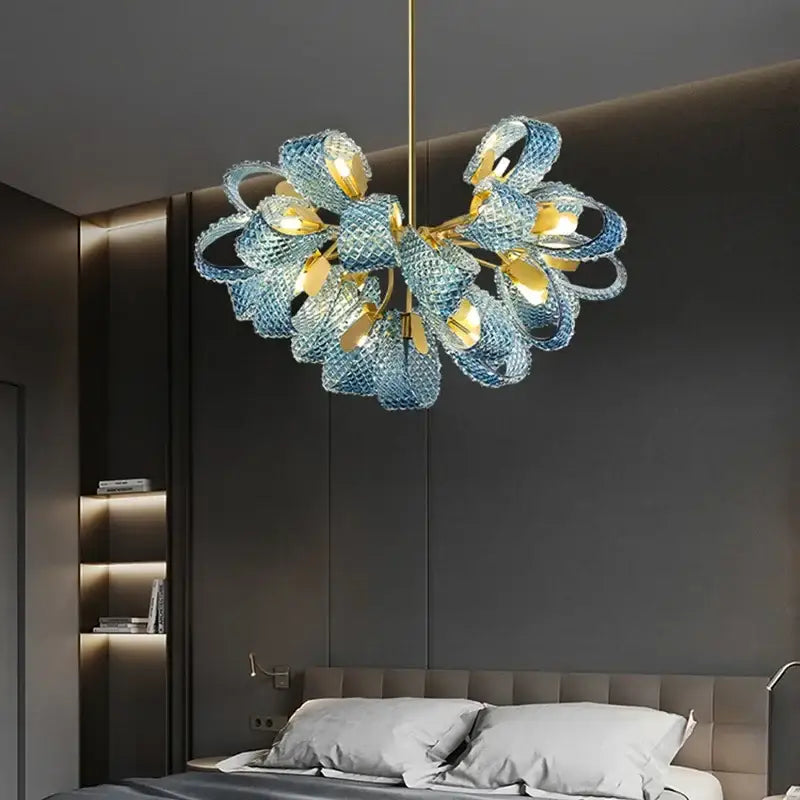 Modern blue glass led pendant lamps dining room gold petal chandelier